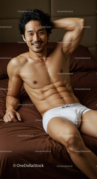 Smiling fit man relaxing on bed in white underwear