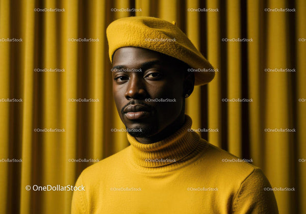 Stylish man wearing yellow beret and turtleneck sweater