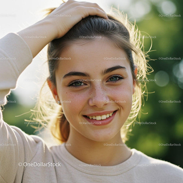 Happy Young Woman Smiling Outdoors in Sunlight with Green Foliage