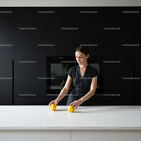 Young woman arranging lemons on modern white kitchen island