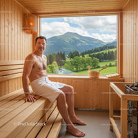 Man Relaxing in a Sauna with Mountain View and Wooden Interior