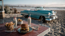 Vintage Car and Beachside Meal with Cheeseburger and Milkshakes
