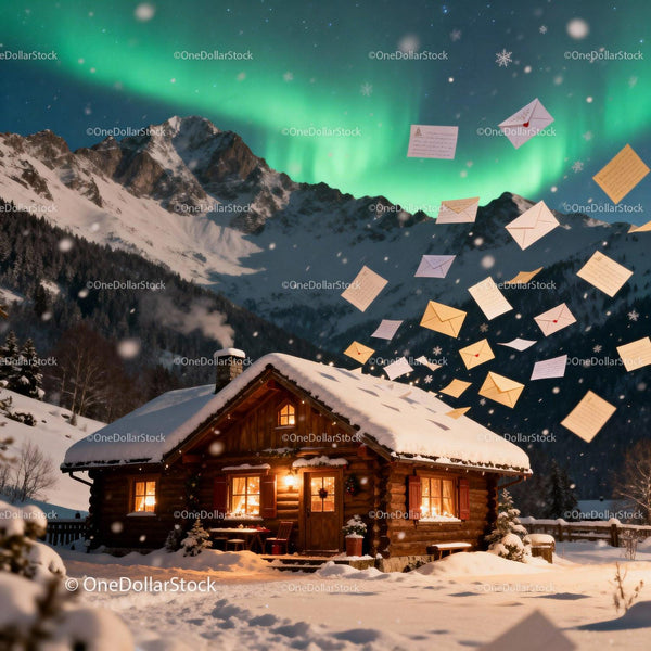 Cozy Winter Cabin with Letters Flying Under Northern Lights