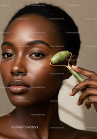 Close-up of a Beautiful Black Woman Using a Jade Roller for Facial Skincare