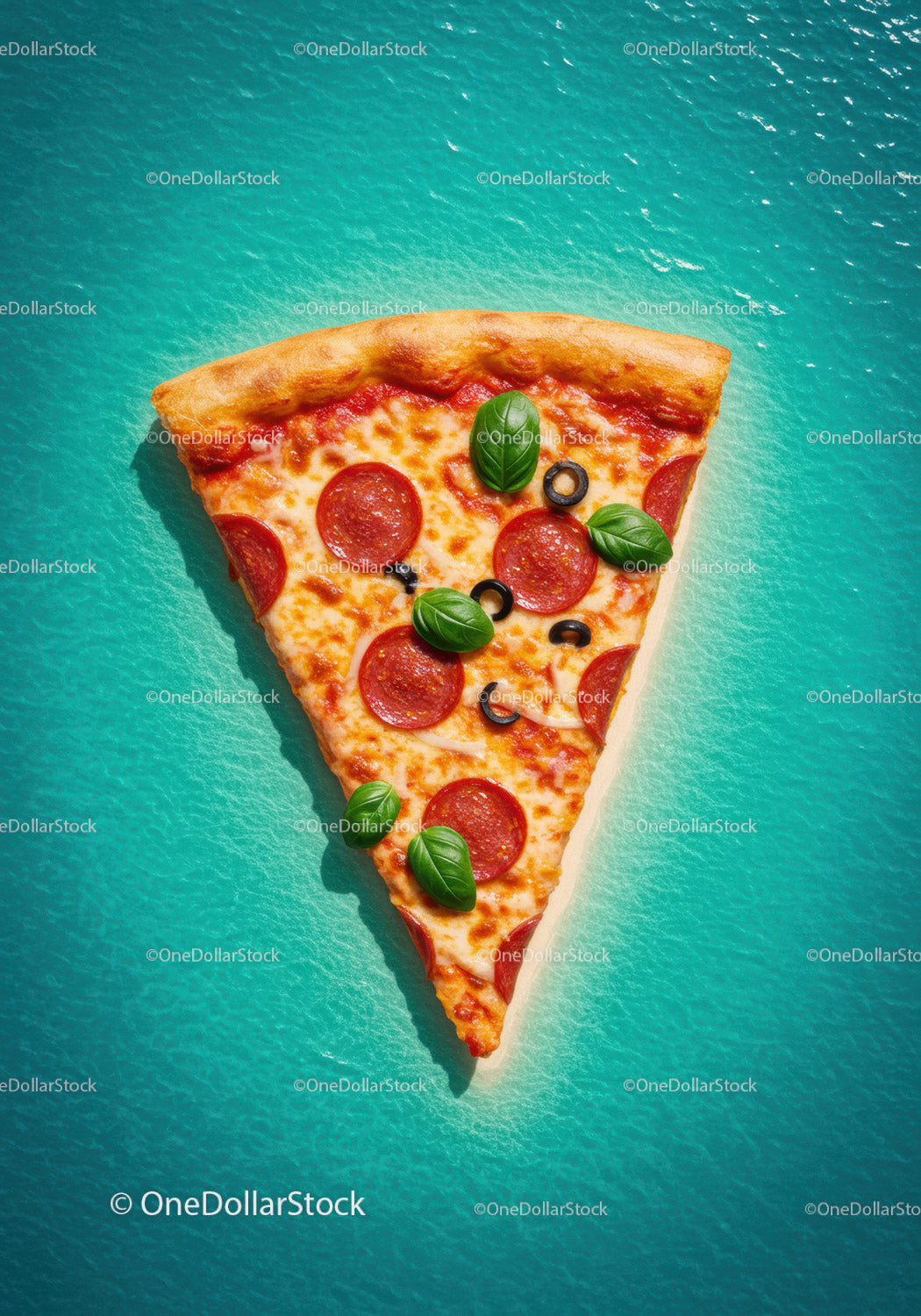 Kawałek pizzy pepperoni ze świeżą bazylią na turkusowej powierzchni