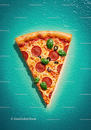Pepperoni pizza slice with fresh basil on turquoise surface