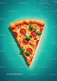 Pepperoni pizza slice with fresh basil on turquoise surface