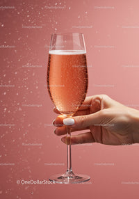Hand Holding Sparkling Rosé Wine Glass Against Pink Background