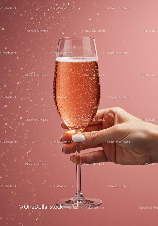 Hand Holding Sparkling Rosé Wine Glass Against Pink Background