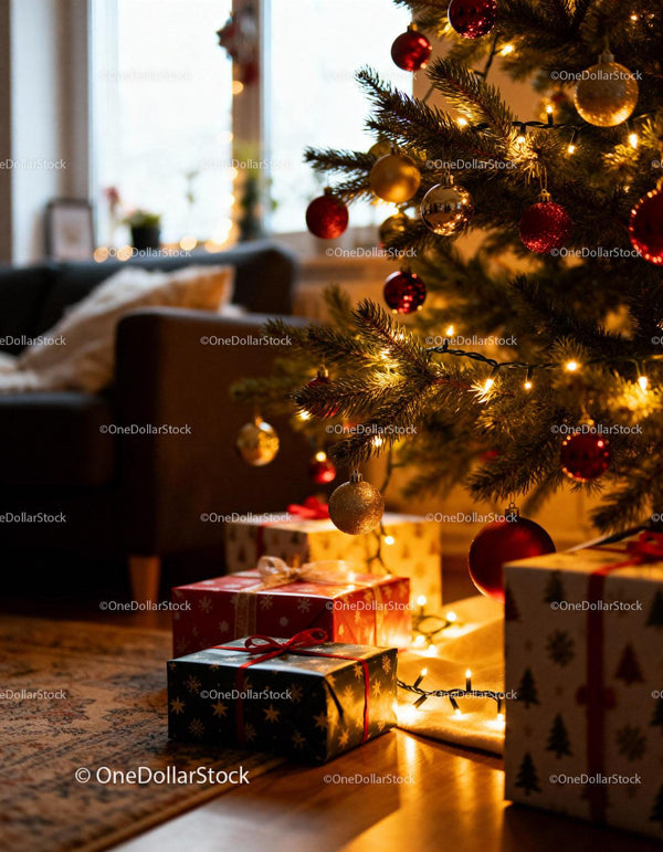 Cozy Living Room with Decorated Christmas Tree and Gifts
