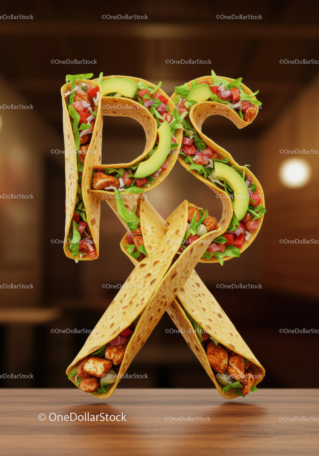 Tasty wraps forming the word RSK on wooden table