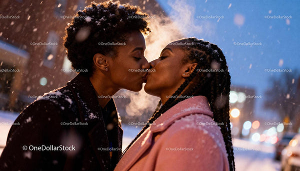 Young LGBTQ couple sharing a tender kiss in snowfall