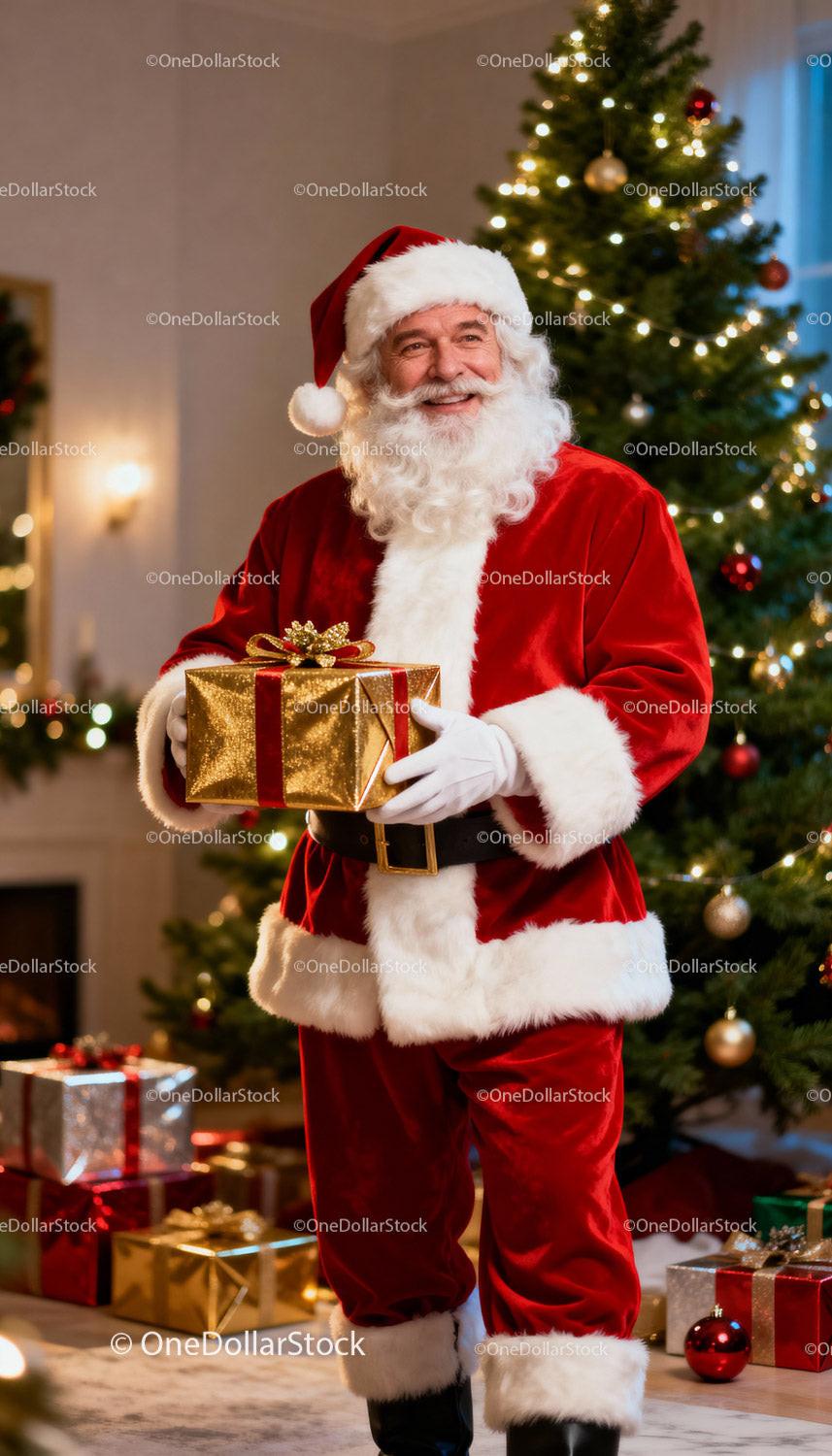 Smiling Santa Claus holding gift in cozy Christmas room