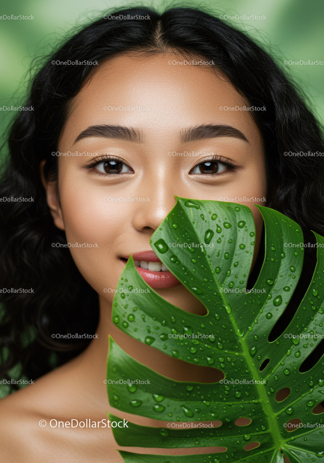 Beautiful Asian Woman with Monstera Leaf with Water Droplets Close-up
