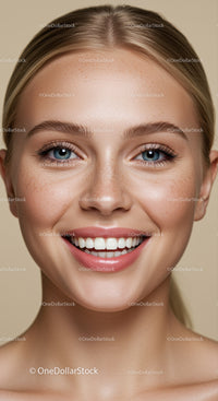 Close up smiling woman with natural freckles and clear skin