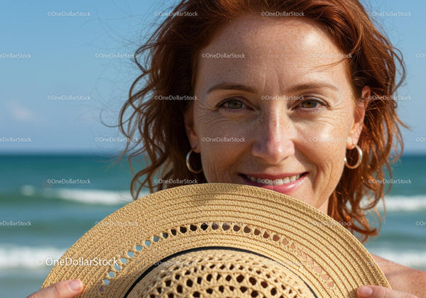 Joyful Woman with Straw Hat at the Beach
