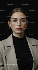 Young woman in glasses and beige blazer posing confidently