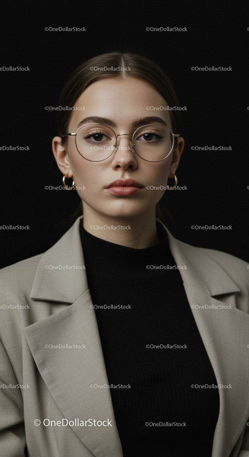 Young woman in glasses and beige blazer posing confidently