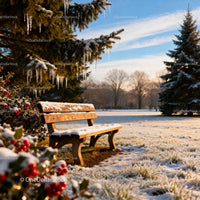 Snow Covered Park Bench in Winter Morning Light