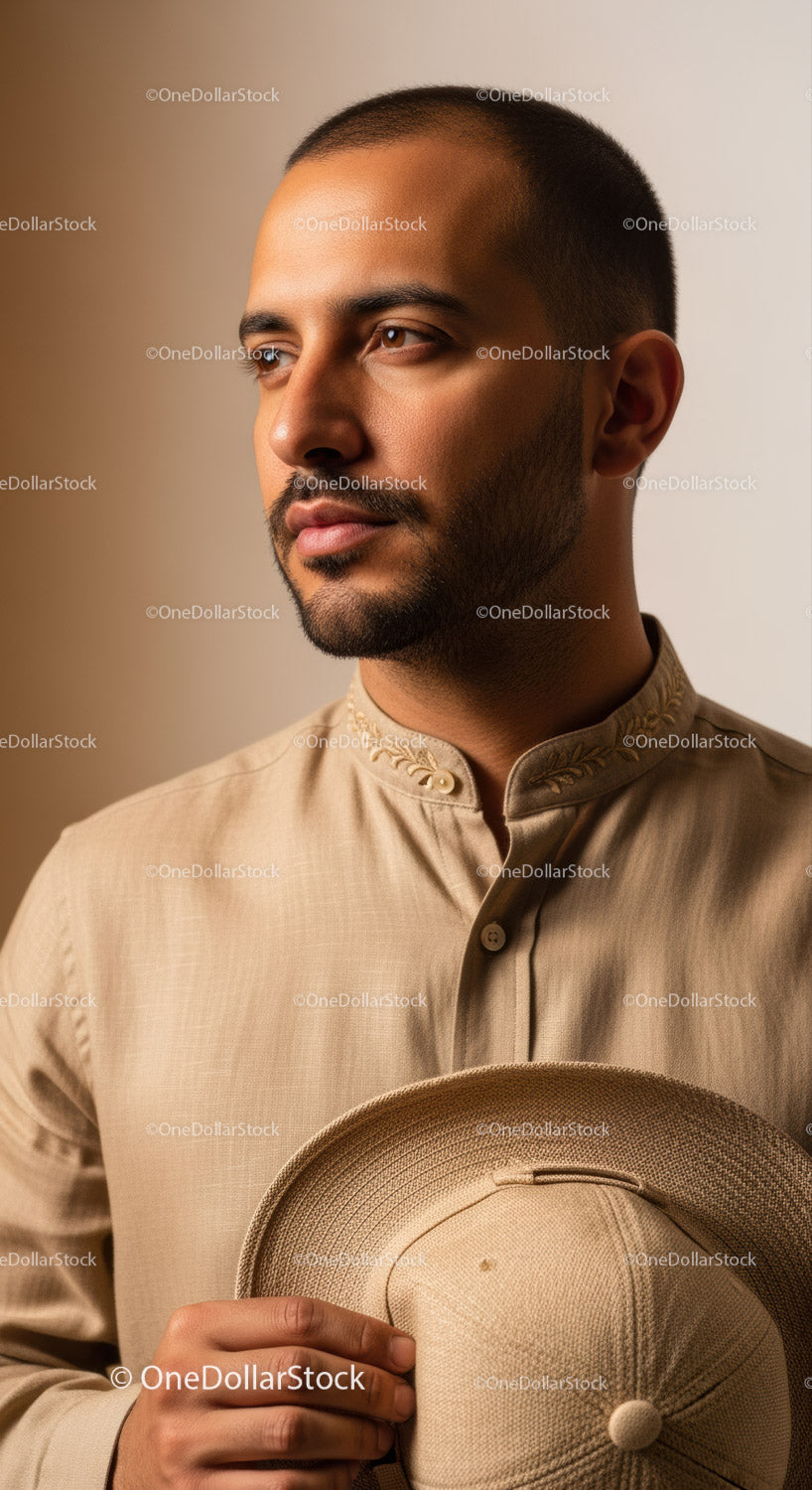 Stylish Man in Beige Shirt Holding Straw Hat for Elegant Fashion Portrait