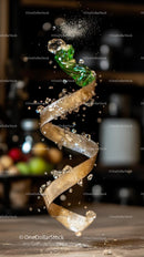 Champagne Cork Popping Celebration with Bubbles and Twirling Cork