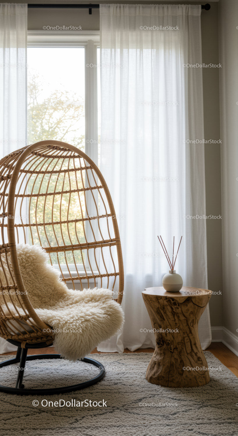 Cozy rattan chair with soft fur throw by window