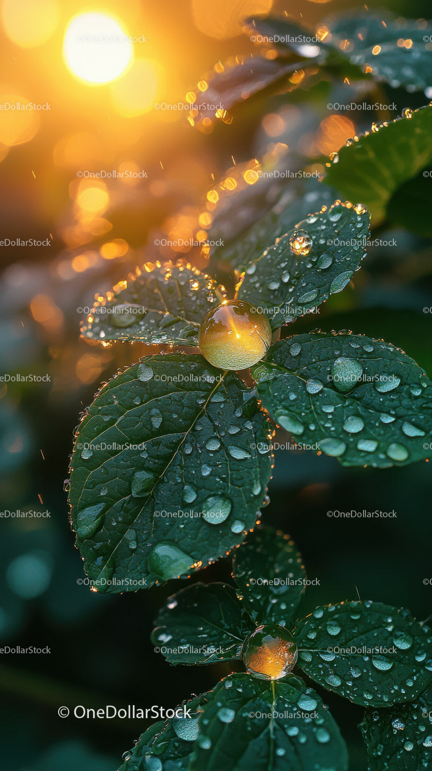 Close-up of Dew-covered Green Leaves with Sunlight Effect