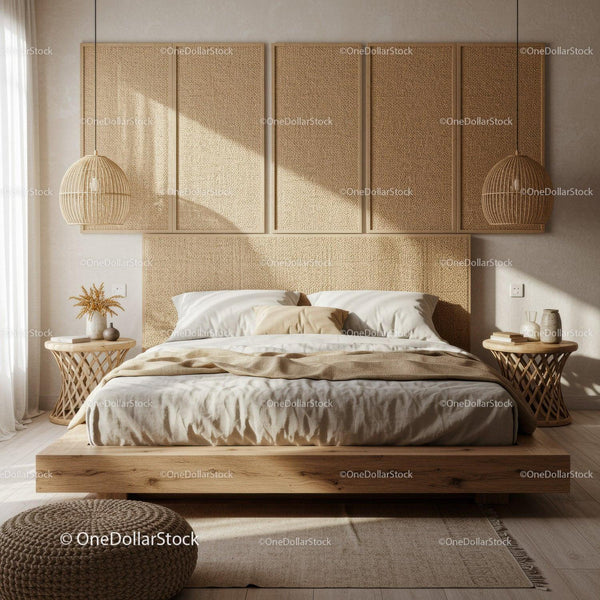 Cozy bedroom with natural textures and warm light