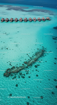 Overwater Bungalows on Turquoise Water in Tropical Island Paradise