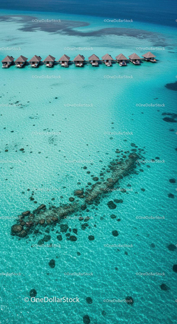 Overwater Bungalows on Turquoise Water in Tropical Island Paradise