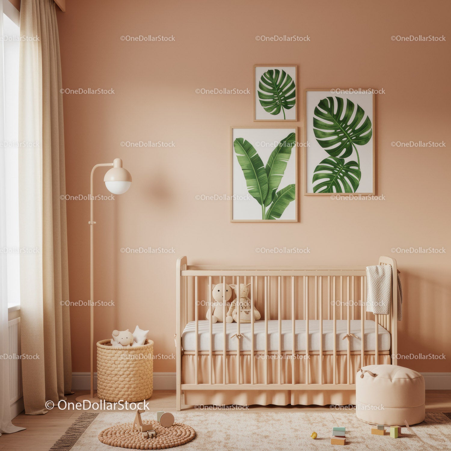 Modern baby nursery with tropical botanical wall art and cozy decor