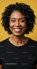 Happy Woman with Curly Hair Smiling Portrait on Yellow Background