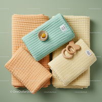 Soft Baby Blankets and Wooden Toys on Pastel Background