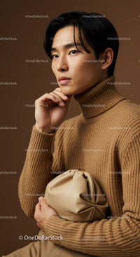 Stylish Young Man in Beige Turtleneck with Bag for Modern Fashion