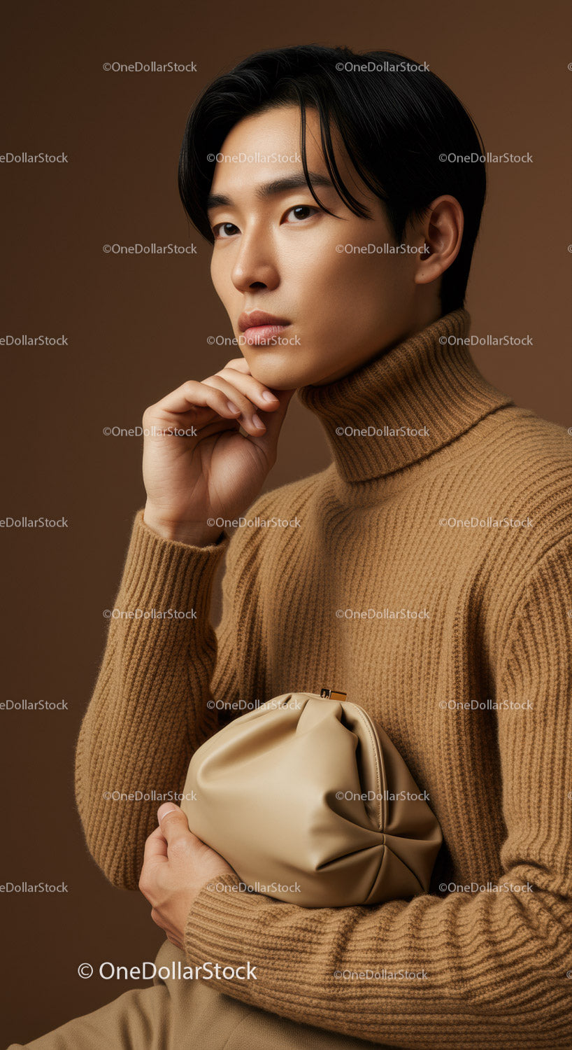 Stylish Young Man in Beige Turtleneck with Bag for Modern Fashion