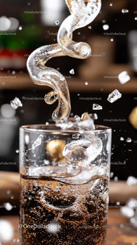 Sparkling Drink with Ice Cubes and Bubbles in a Glass
