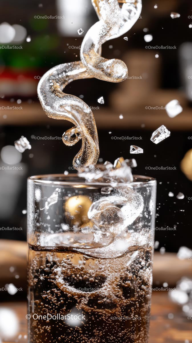 Sparkling Drink with Ice Cubes and Bubbles in a Glass