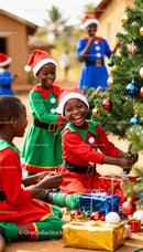 Joyful African children decorating Christmas tree outdoors