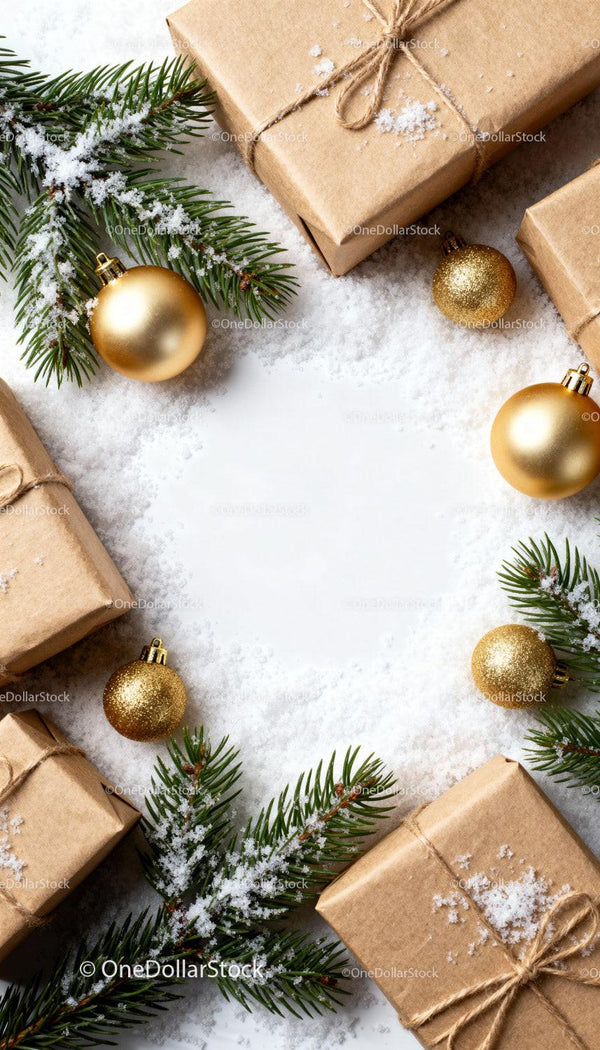 Natural Christmas Gifts with Golden Baubles and Pine