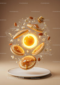 Flying Pancakes with Honey and Nuts Around Egg Yolk