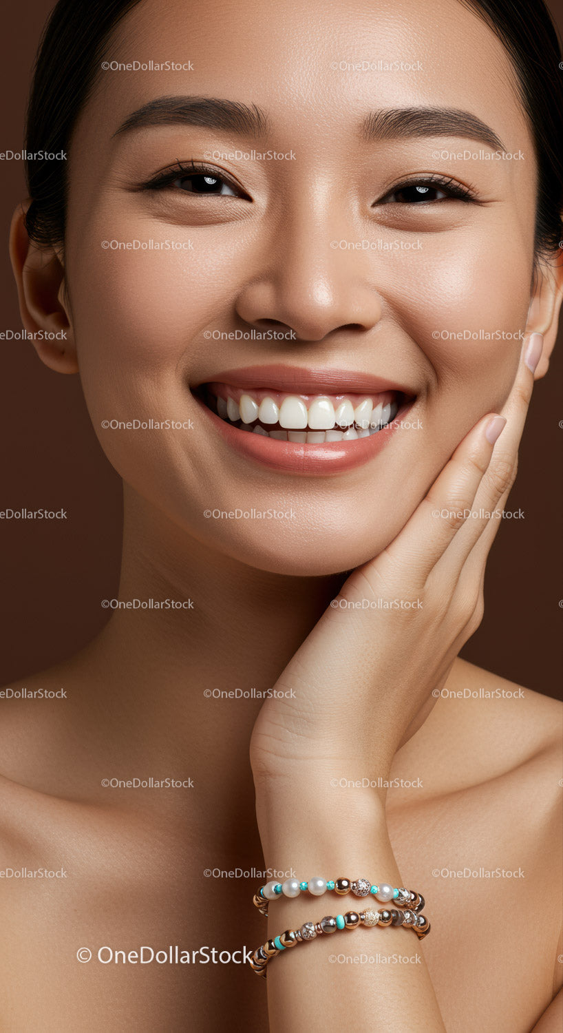 Smiling woman with natural makeup and beaded bracelets