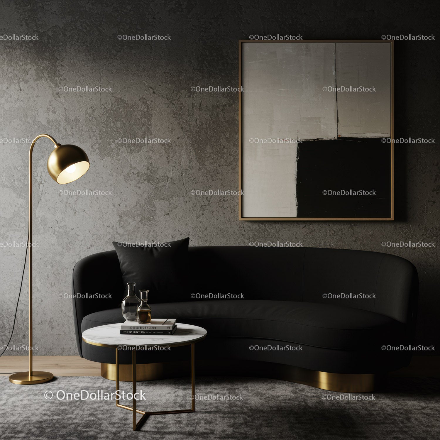 Modern living room with black sofa and gold accents