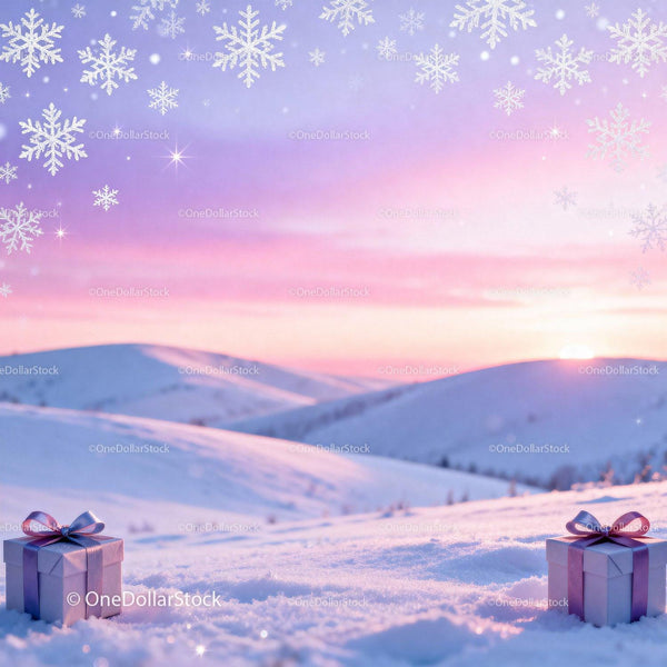 Winter gifts on snowy hills at soft sunset glow