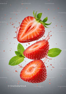 Fresh strawberry halves with mint leaves and splashing water
