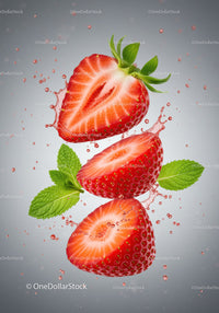 Fresh strawberry halves with mint leaves and splashing water
