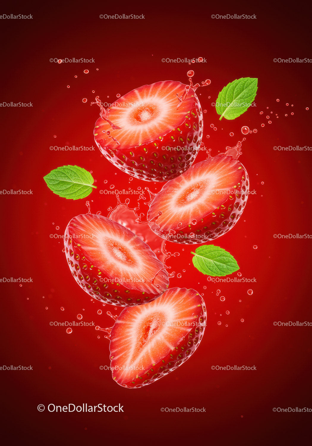 Fresh Strawberries Halves Splashing with Green Mint Leaves
