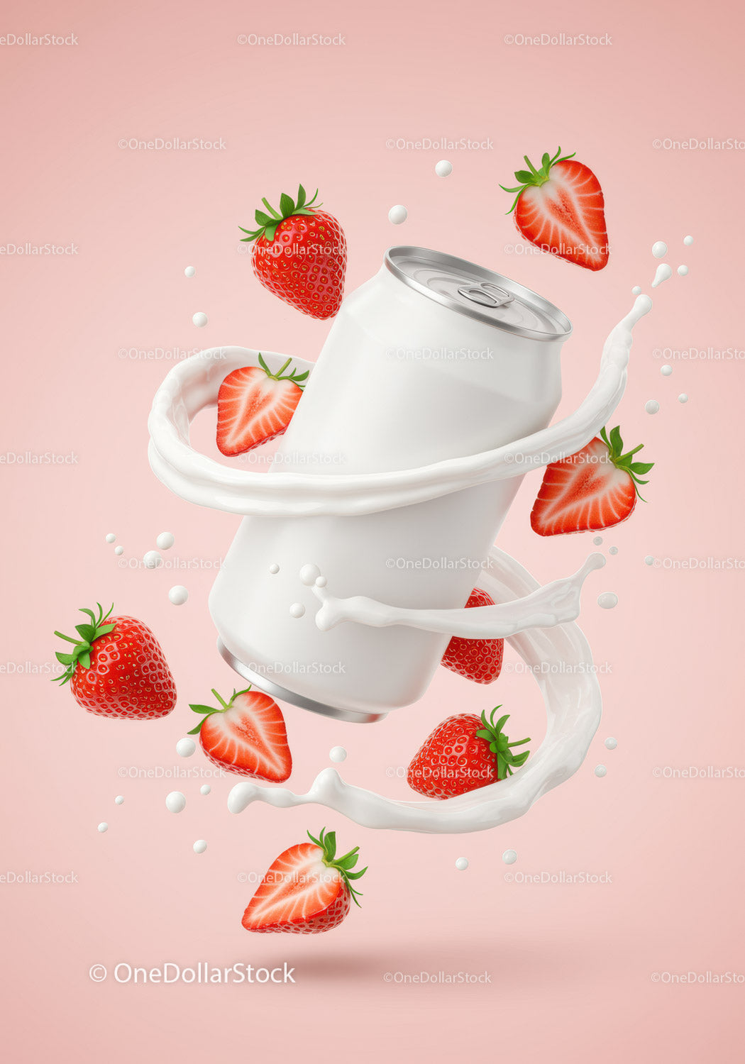 Refreshing drink can surrounded by fresh strawberries and cream