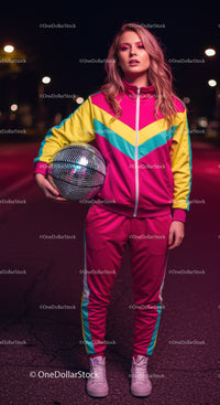 Vibrant Young Woman in Colorful Tracksuit Holding Disco Ball at Night