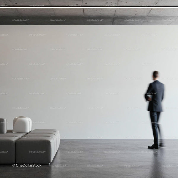 Businessman walking in modern minimalist interior space JPG Mockup Image