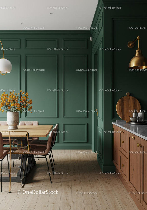 Stylish Modern Kitchen with Green Wall Paneling and Wooden Cabinets